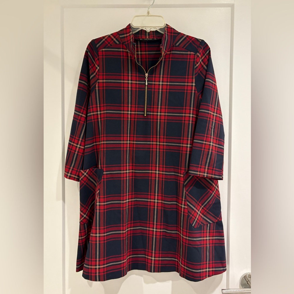 Zara | Red and Navy Plaid Dress 3/4 sleeves Size M